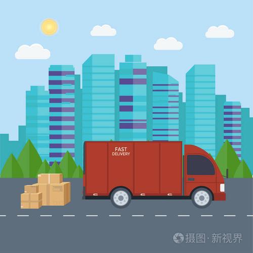 物流配送服务理念: 卡车,货车,货车与店铺,店铺及城市背景.